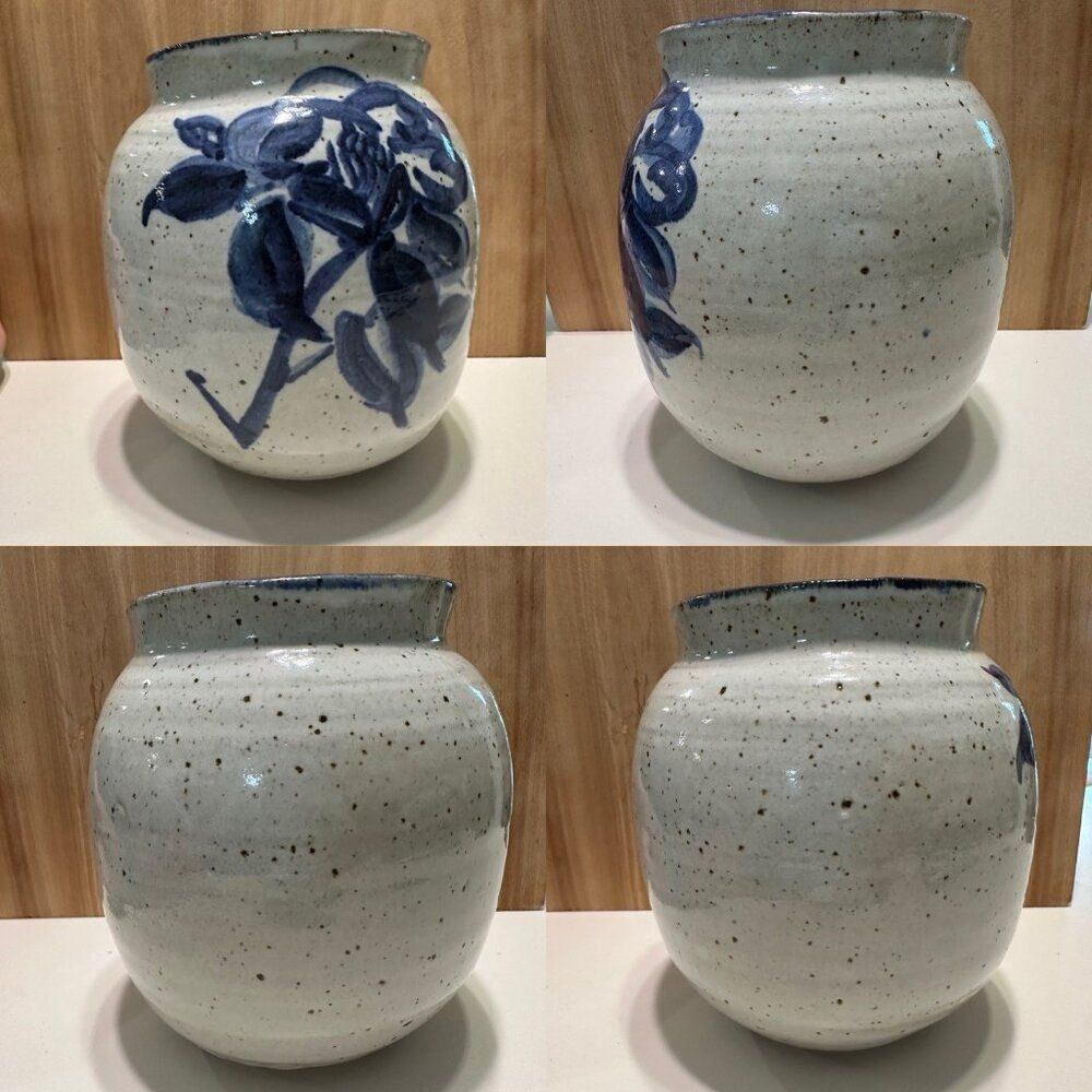 Blue Salt Glaze Crock Vase Floral Art Pottery Signed Vera?